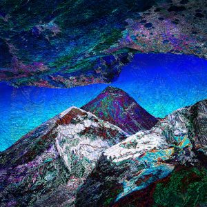 Vaganski vrh (Velebit) i Sagarmāthā (Mount Everest), računalna grafika, digitalni print na tekstilu, 2017., 148x148 cm